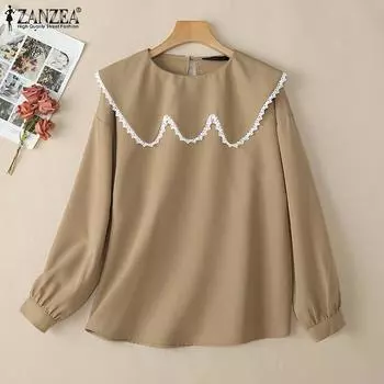 ZANZEA Женская повседневная блузка с круглым вырезом и длинным рукавом в стиле пэчворк S хаки