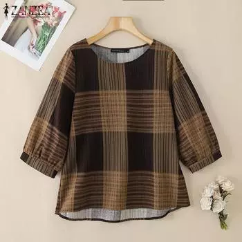 ZANZEA Women Casual Plaid Print Crew Neck Loose 3/4 Sleeve Blouse S коричневый