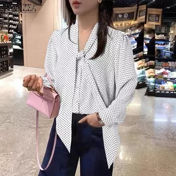 ZANZEA Women Casual Polka Dot Tie Long Sleeve Shirts S белый