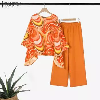 ZANZEA Женская повседневная блузка с принтом и брюки, летние комплекты из двух предметов S темно-розовый