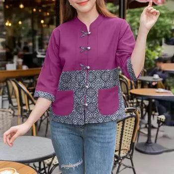 ZANZEA Women Casual Retro Print Patchwork Loose 3/4 Sleeve Blouse S