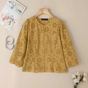 ZANZEA Women Casual Round Neck 3/4 Sleeve Patchwork Lace Blouse S