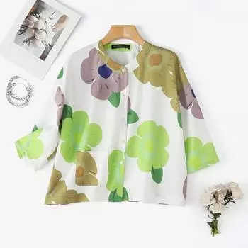 ZANZEA Women Casual Round Neck 3/4 Sleeve Summer Loose Print Blouse S зелёный