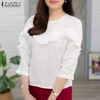 ZANZEA Women Casual Round Neck 3/4 Sleeve Spliced Ruffle Blouses S белый