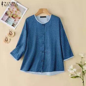 ZANZEA Женские повседневные рубашки с круглым вырезом и рукавом 3/4 в клетку S зелёный