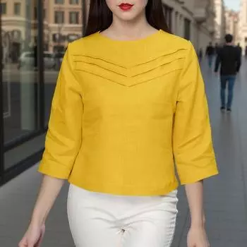 ZANZEA Women Casual Round Neck 3/4 Sleeve Waist Solid Color Blouses S жёлтый