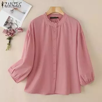 ZANZEA Women Casual Round Neck 3/4 Sleeve Loose Cotton Blouse XL розовый