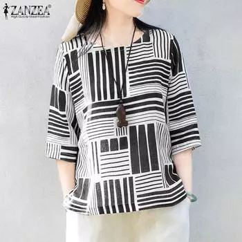 ZANZEA Женские повседневные блузки с круглым вырезом и рукавами 3/4 контрастного цвета в полоску S чёрный