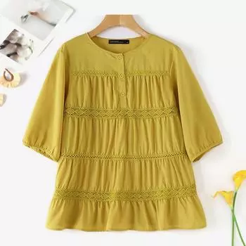 ZANZEA Women Casual Round Neck 3/4 Sleeve Lace Blouses S жёлтый