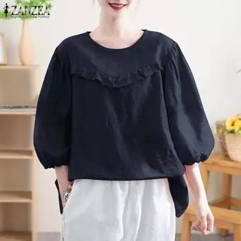 ZANZEA Women Casual Round Neck 3/4 Sleeve Lace Patchwork Loose Blouse S жёлтый