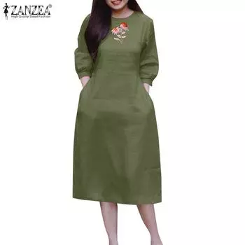 ZANZEA Women Casual Round Neck 3/4 Sleeve Loose Floral Embroidery Dress 3XL красный