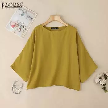 ZANZEA Women Casual Round Neck Batwing 3/4 Sleeve Loose Blouse S жёлтый