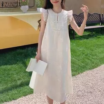 ZANZEA Women Casual Round Neck Cap Sleeve Summer Lace Crochet Dress S белый