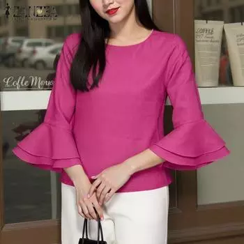 ZANZEA Women Casual Round Neck Flare 3/4 Sleeve Loose Plain Blouse S жёлтый