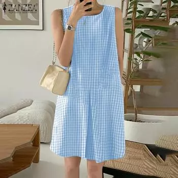 ZANZEA Женское повседневное платье без рукавов с круглым вырезом и сетчатым принтом S розовый