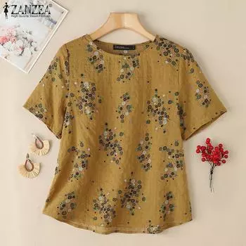 ZANZEA Women Casual Round Neck Half Sleeve Loose Floral Print Blouse S ржавый