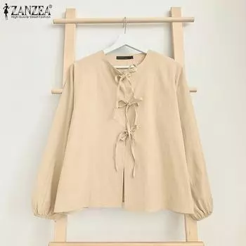 ZANZEA Women Casual Round Neck Lantern Long Sleeve Tie Blouses S синий