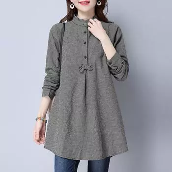 ZANZEA Women Casual Round Neck Long Sleeve Plaid Print Blouse S