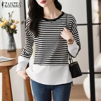 ZANZEA Женские повседневные футболки с круглым вырезом и длинным рукавом в полоску контрастного цвета L чёрный