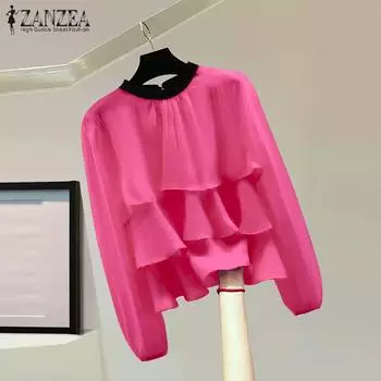 ZANZEA Женские повседневные блузки с круглым вырезом и длинным рукавом, многослойные оборки 4XL чёрный