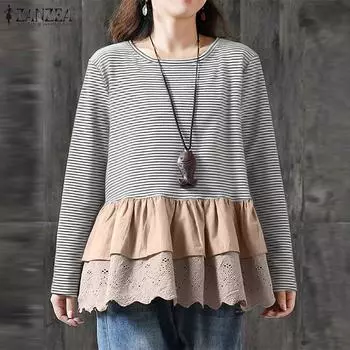 ZANZEA Женские повседневные футболки с круглым вырезом и длинным рукавом с кружевом и контрастными полосками S чёрный