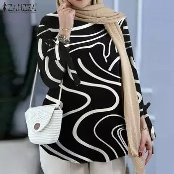 ZANZEA Women Casual Round Neck Long Sleeve Loose Print Blouse S синий