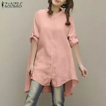 ZANZEA Women Casual Round Neck Long Sleeve Loose Asymmetrical Hem Blouse S розовый