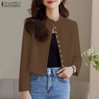 ZANZEA Women Casual Round Neck Long Sleeve Button Blouse 4XL чёрный