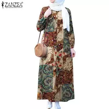 ZANZEA Женское повседневное платье с круглым вырезом и длинным рукавом с принтом 3XL хаки