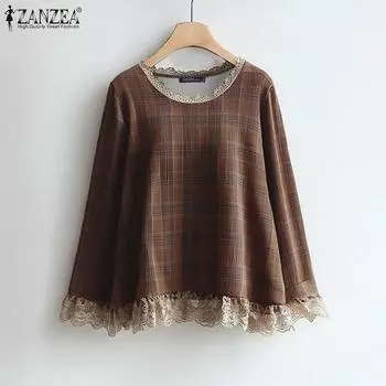 ZANZEA Женские повседневные свободные блузки с круглым вырезом и длинным рукавом в клетку и кружевом 2XL синий