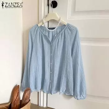 ZANZEA Женская повседневная блузка с круглым вырезом и длинным рукавом, свободная, накидка 3XL хаки