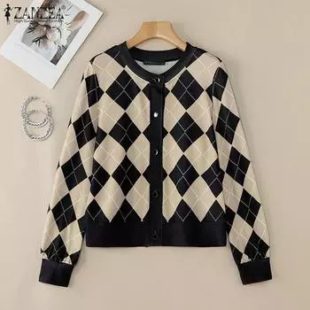 ZANZEA Women Casual Round Neck Long Sleeve Diamond Grid Print Blouse S зелёный