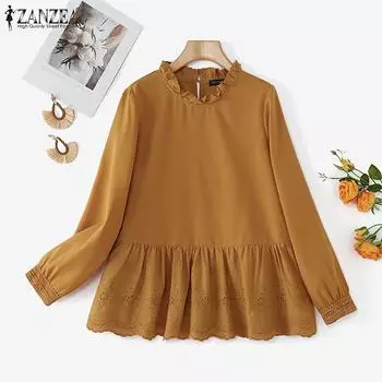 ZANZEA Women Casual Round Neck Long Sleeve Plain Blouse S коричневый