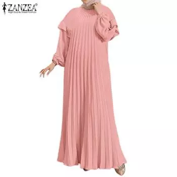ZANZEA Women Casual Round Neck Long Sleeve Loose Pleated Long Dress S чёрный