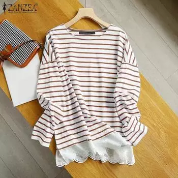 ZANZEA Women Casual Round Neck Long Sleeve Striped Lace T-Shirts S чёрный