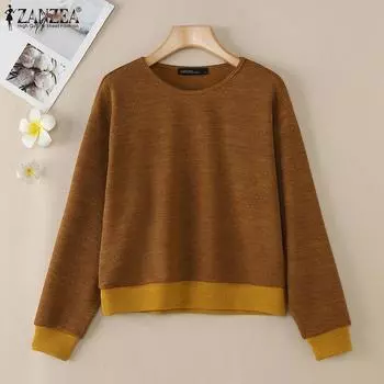 ZANZEA Women Casual Round Neck Long Sleeve Loose Pullover Blouse S чёрный