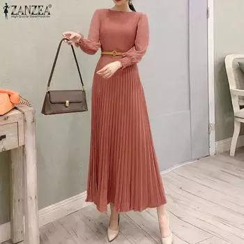 ZANZEA Женское повседневное платье с круглым вырезом и длинным рукавом, свободное, плиссированное S чёрный