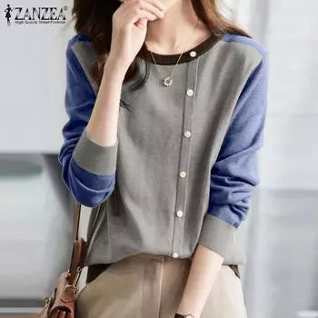 ZANZEA Women Casual Round Neck Long Sleeve Contrast Color Loose T-Shirts 3XL жёлтый