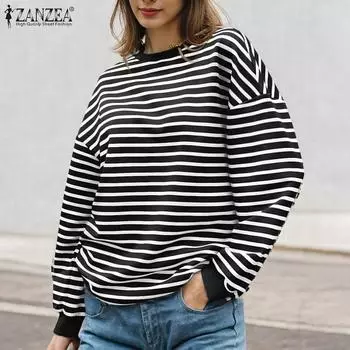 ZANZEA Women Casual Round Neck Long Sleeve Stripe Pullover Sweatshirt S чёрный