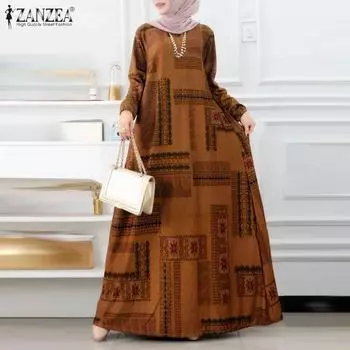 ZANZEA Women Casual Round Neck Long Sleeve Loose Print Dress S серый