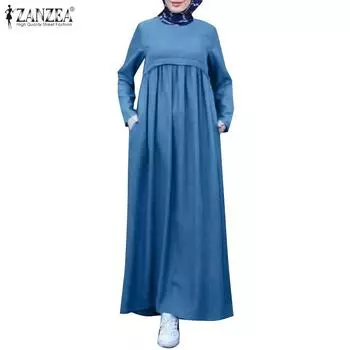 ZANZEA Women Casual Round Neck Long Sleeve Retro Long Dress S светло-синий