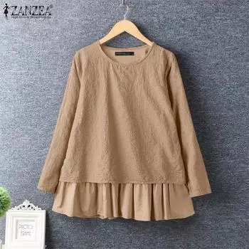 ZANZEA Women Casual Round Neck Long Sleeve Lace Ruffle Blouses L хаки