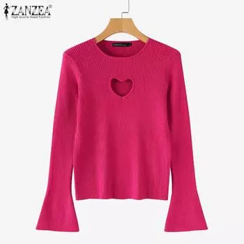 ZANZEA Женские повседневные узкие вязаные свитера с круглым вырезом и длинным рукавом S темно-розовый