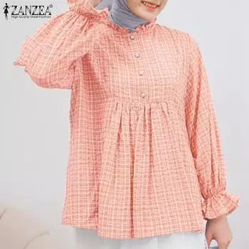 ZANZEA Women Casual Round Neck Long Sleeve Grid Print Blouse S синий