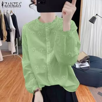 ZANZEA Women Casual Round Neck Long Sleeve Lace Crochet Pathchwork Blouse 3XL зелёный