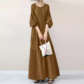 ZANZEA Женское повседневное свободное платье с круглым вырезом и рукавом 3/4 4XL коричневый