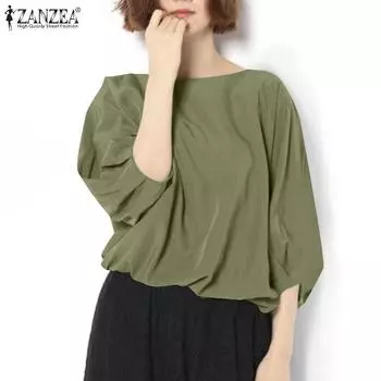 ZANZEA Women Casual Round Neck Loose 3/4 Sleeve Blouse S армия зеленый