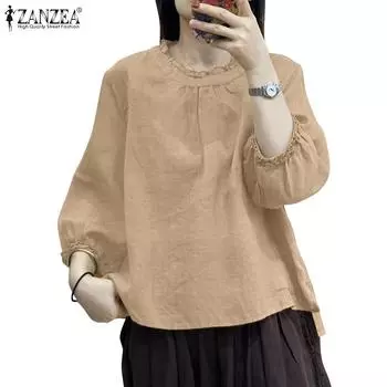 ZANZEA Women Casual Round Neck Loose 3/4 Sleeve Plain Blouse S хаки