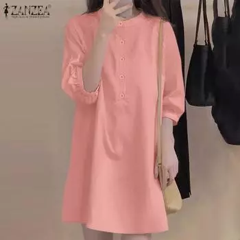 ZANZEA Women Casual Round Neck Loose 3/4 Sleeve Plain Dress 3XL чёрный