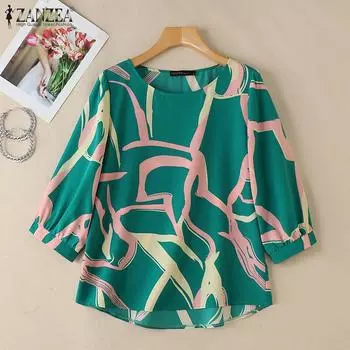 ZANZEA Women Casual Round Neck Loose Geometry Print 3/4 Sleeve Blouse M бежевый